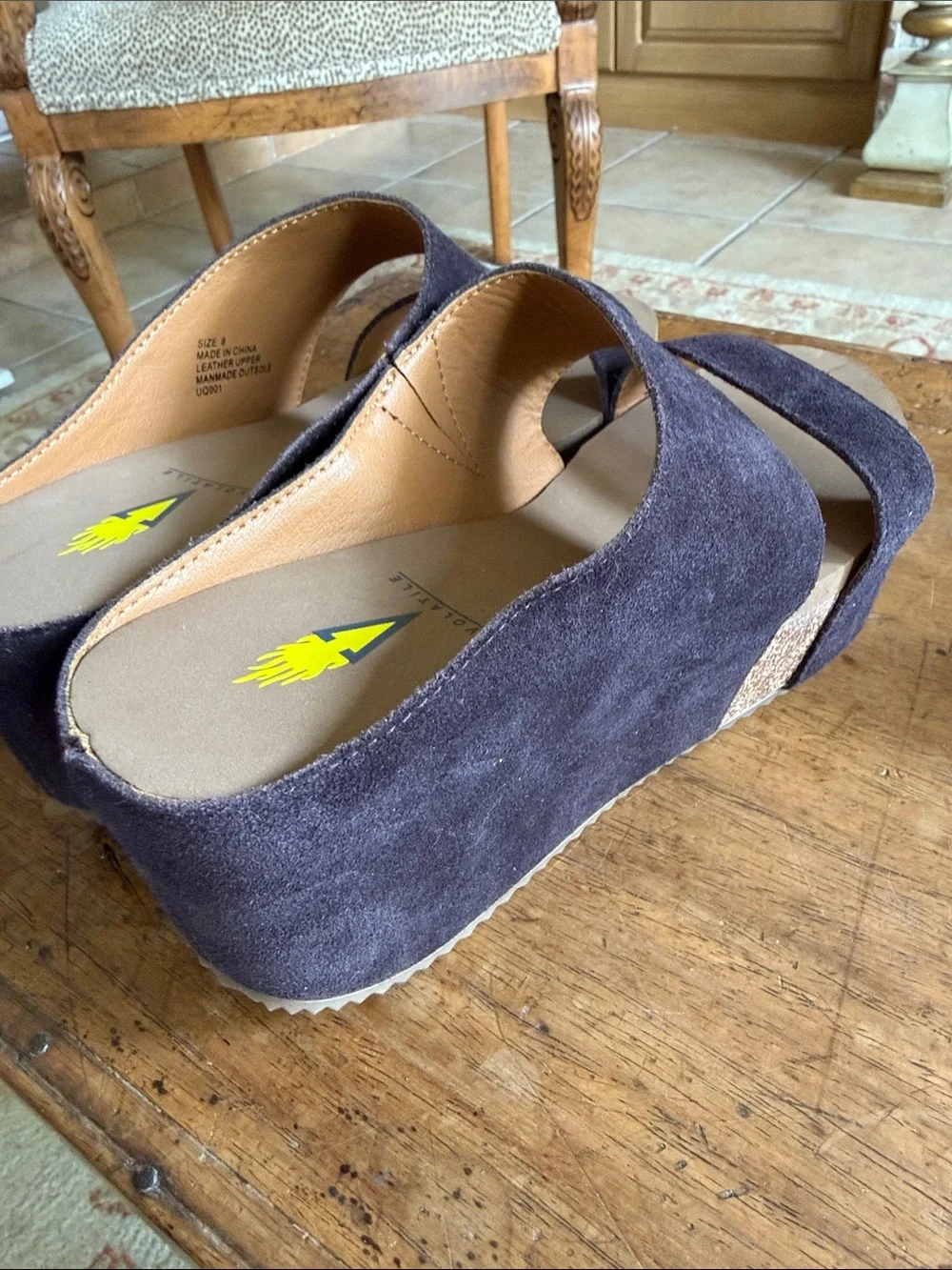 Volatile Charcoal Suede Two-Strap Wedge Sandals